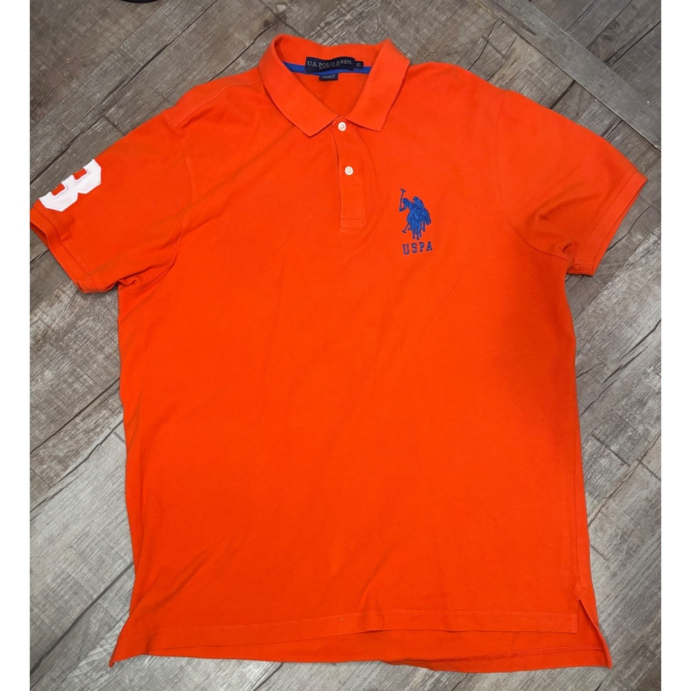 US Polo Assn Mens XL Orange Short Sleeve Pique Polo Shirt Blue Logo Big Pony 3
